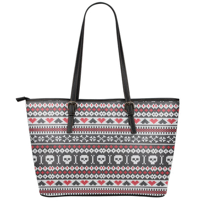 Skull Knitted Pattern Print Leather Tote Bag