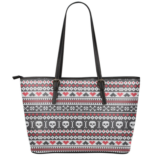 Skull Knitted Pattern Print Leather Tote Bag