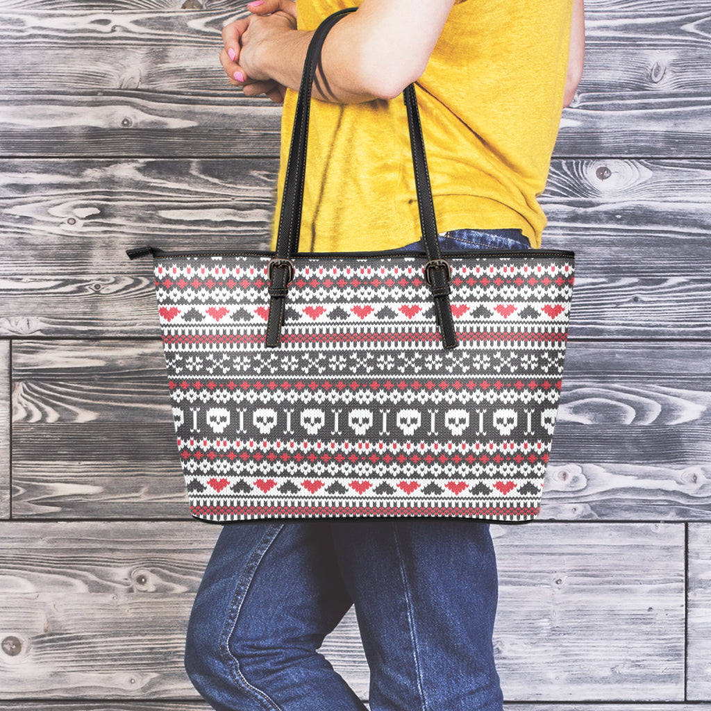 Skull Knitted Pattern Print Leather Tote Bag
