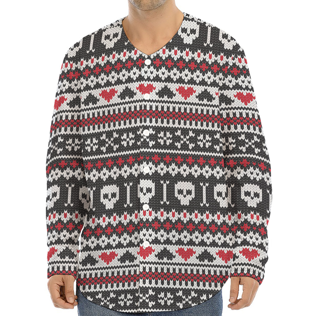 Skull Knitted Pattern Print Long Sleeve Baseball Jersey