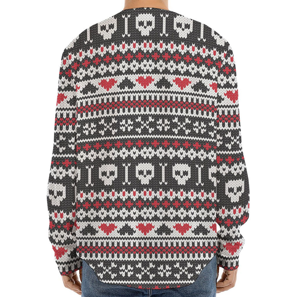 Skull Knitted Pattern Print Long Sleeve Baseball Jersey