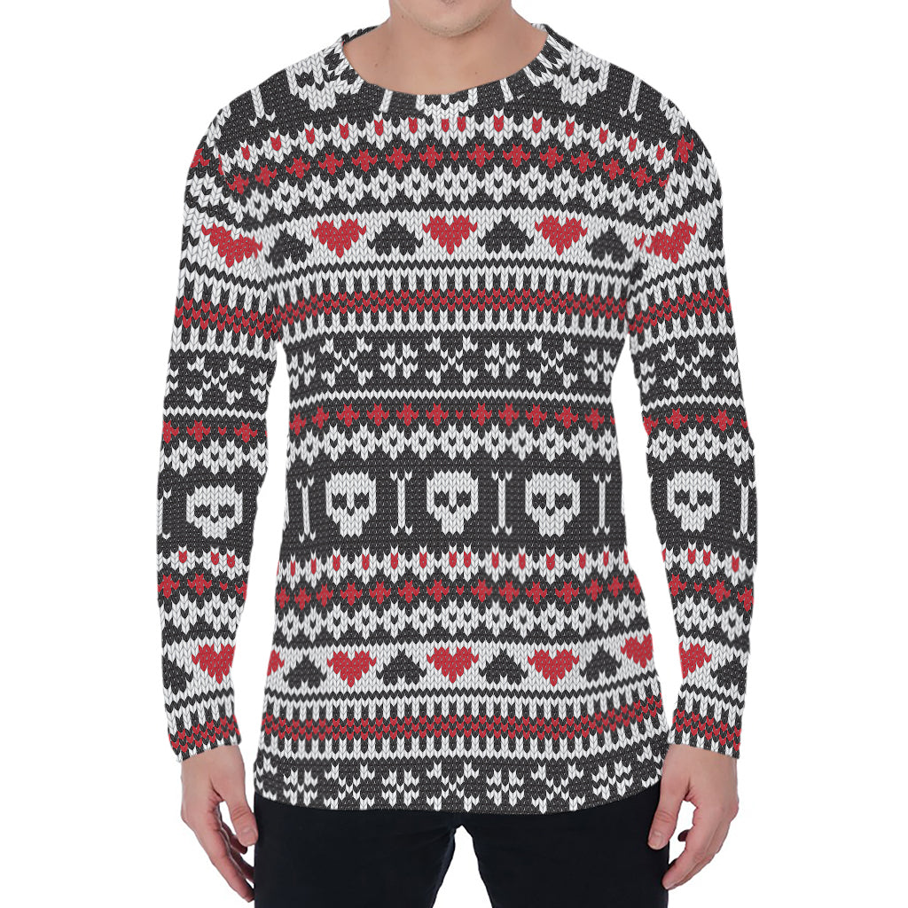 Skull Knitted Pattern Print Men's Long Sleeve T-Shirt