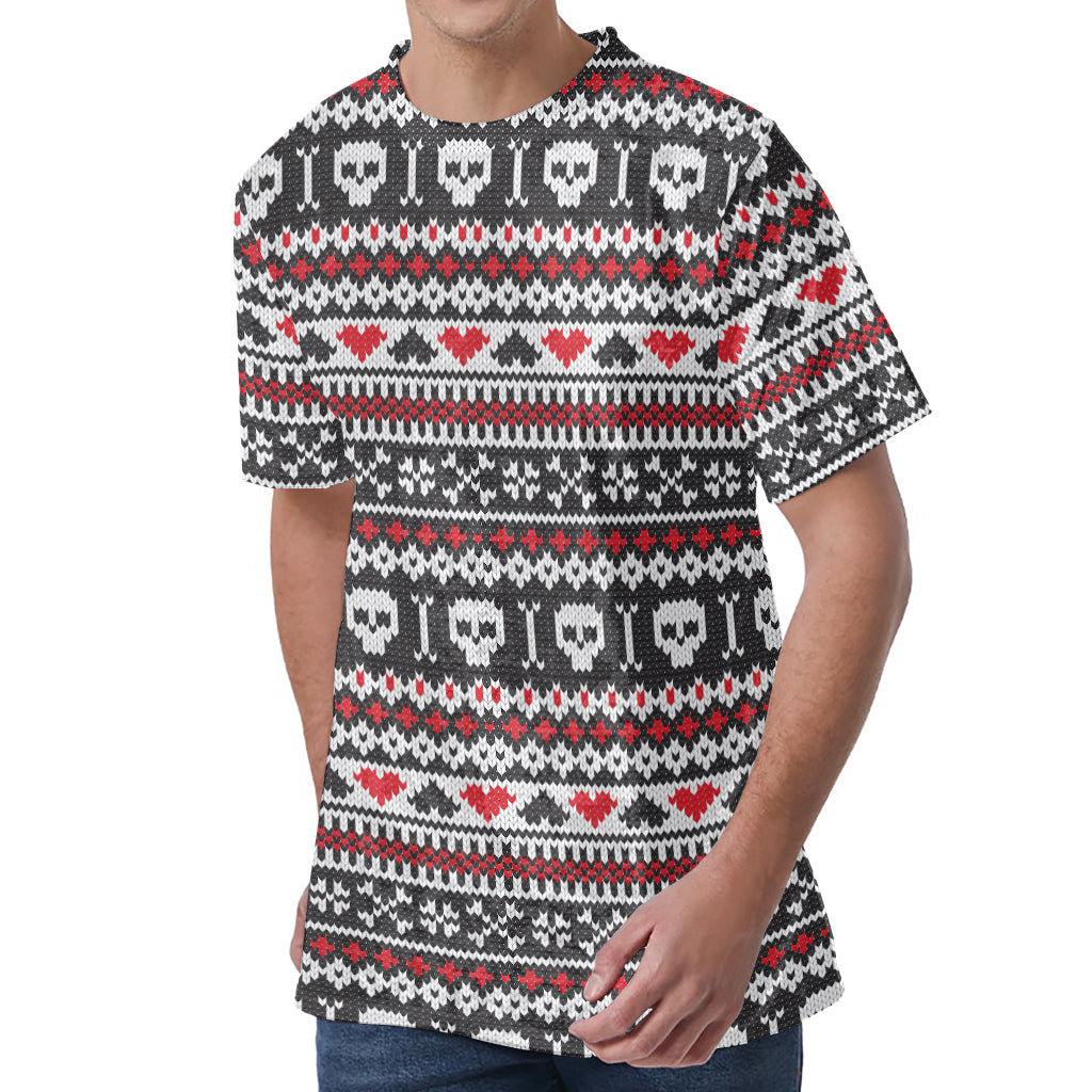 Skull Knitted Pattern Print Men's Velvet T-Shirt