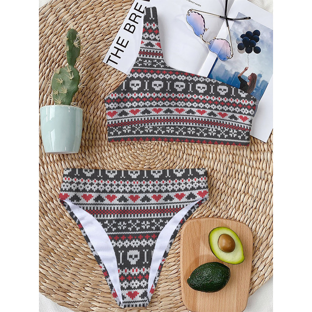 Skull Knitted Pattern Print One Shoulder Bikini Top