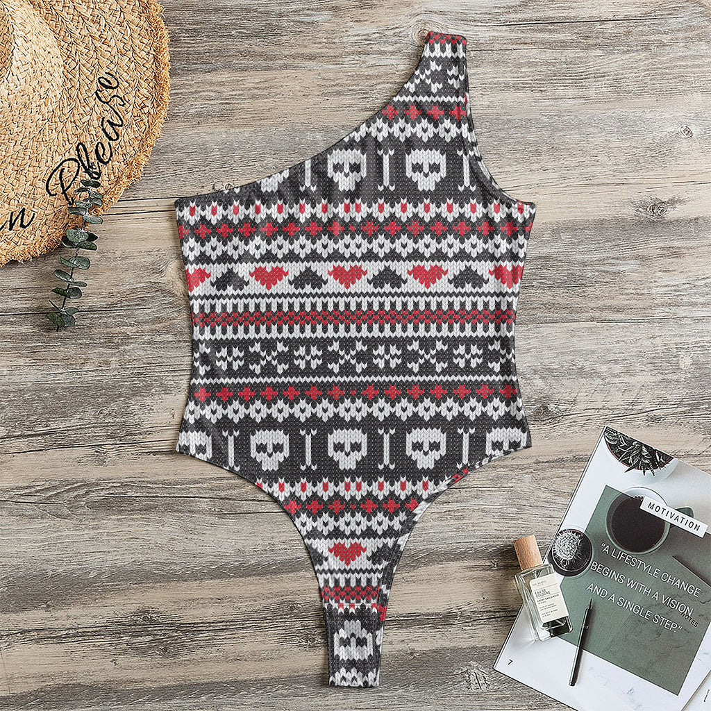 Skull Knitted Pattern Print One Shoulder Bodysuit