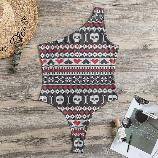 Skull Knitted Pattern Print One Shoulder Bodysuit