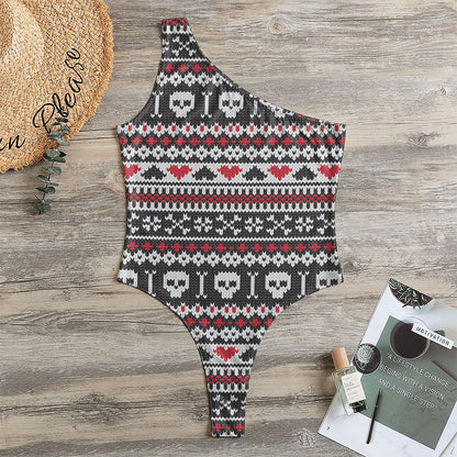 Skull Knitted Pattern Print One Shoulder Bodysuit