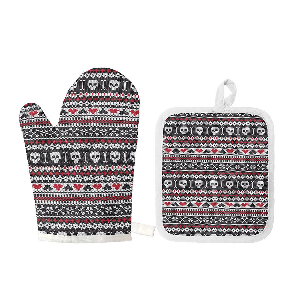Skull Knitted Pattern Print Oven Mitt And Pot Holder Set