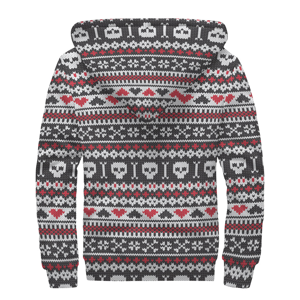 Skull Knitted Pattern Print Sherpa Lined Zip Up Hoodie