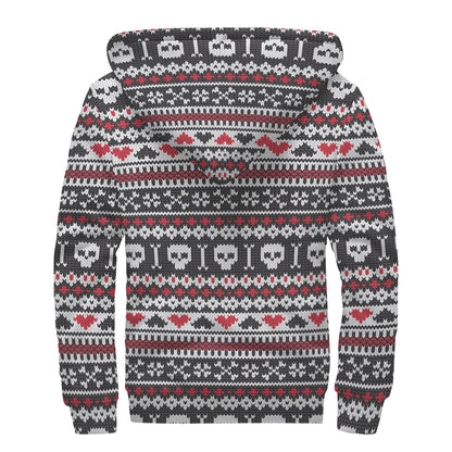 Skull Knitted Pattern Print Sherpa Lined Zip Up Hoodie