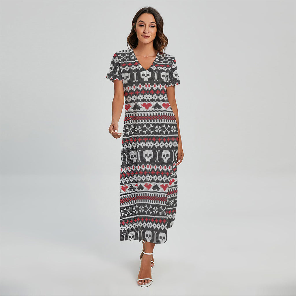 Skull Knitted Pattern Print Short Sleeve Maxi Dress