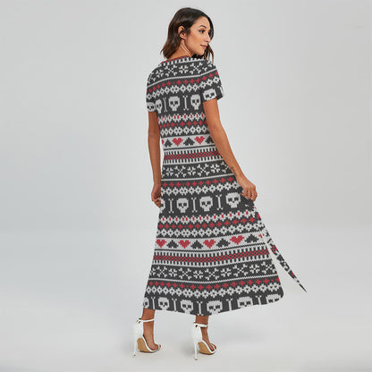 Skull Knitted Pattern Print Short Sleeve Maxi Dress