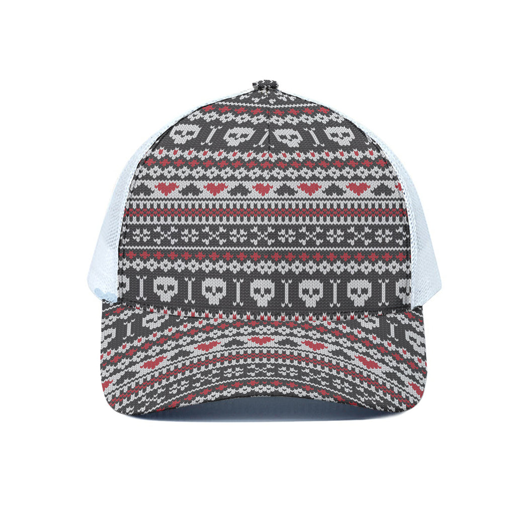 Skull Knitted Pattern Print White Mesh Trucker Cap