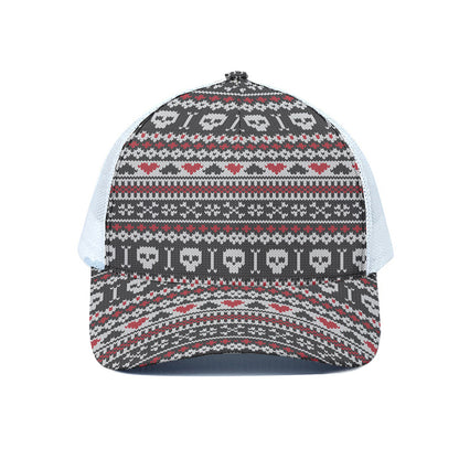 Skull Knitted Pattern Print White Mesh Trucker Cap
