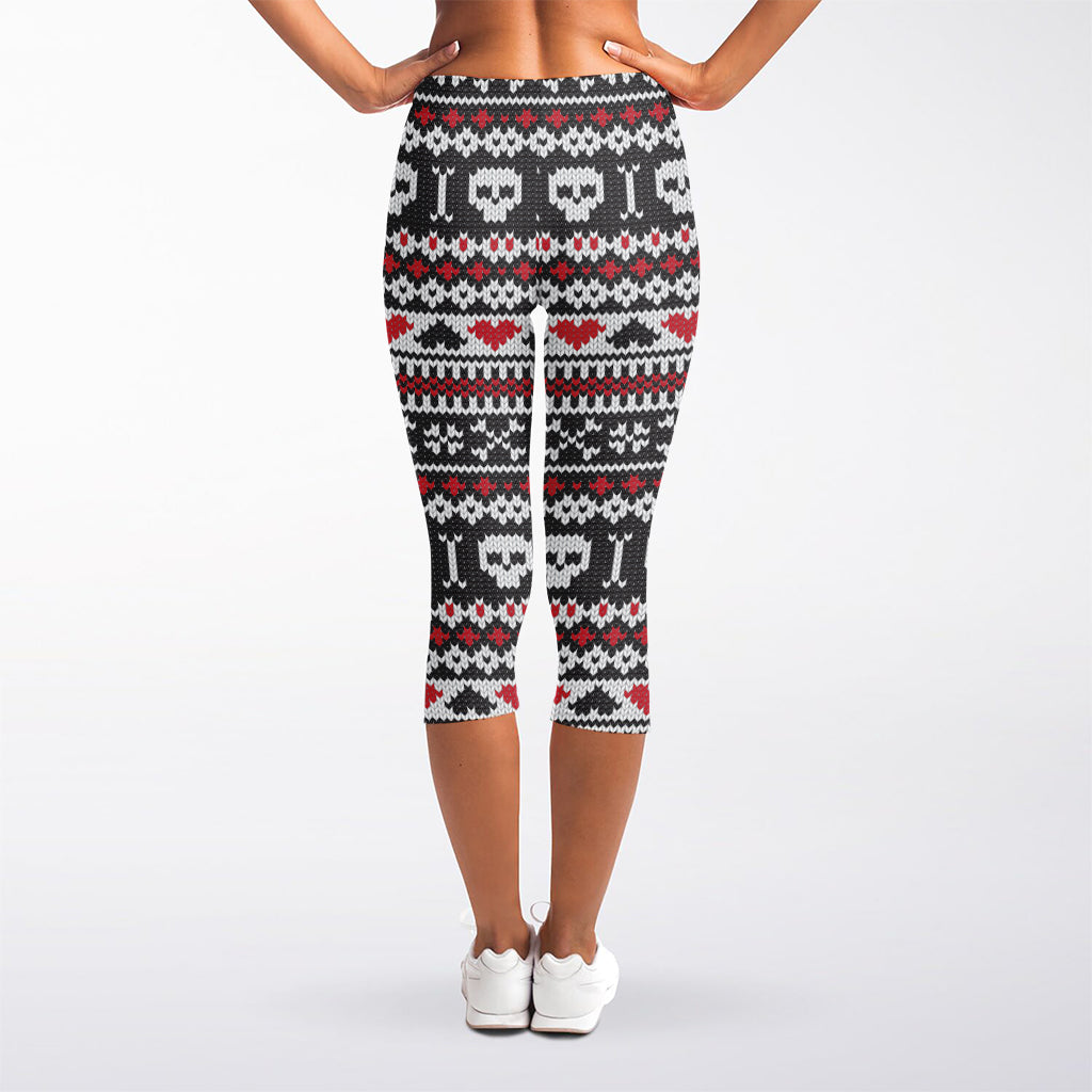 Skull Knitted Pattern Print Women's Capri Leggings