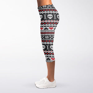 Skull Knitted Pattern Print Women's Capri Leggings