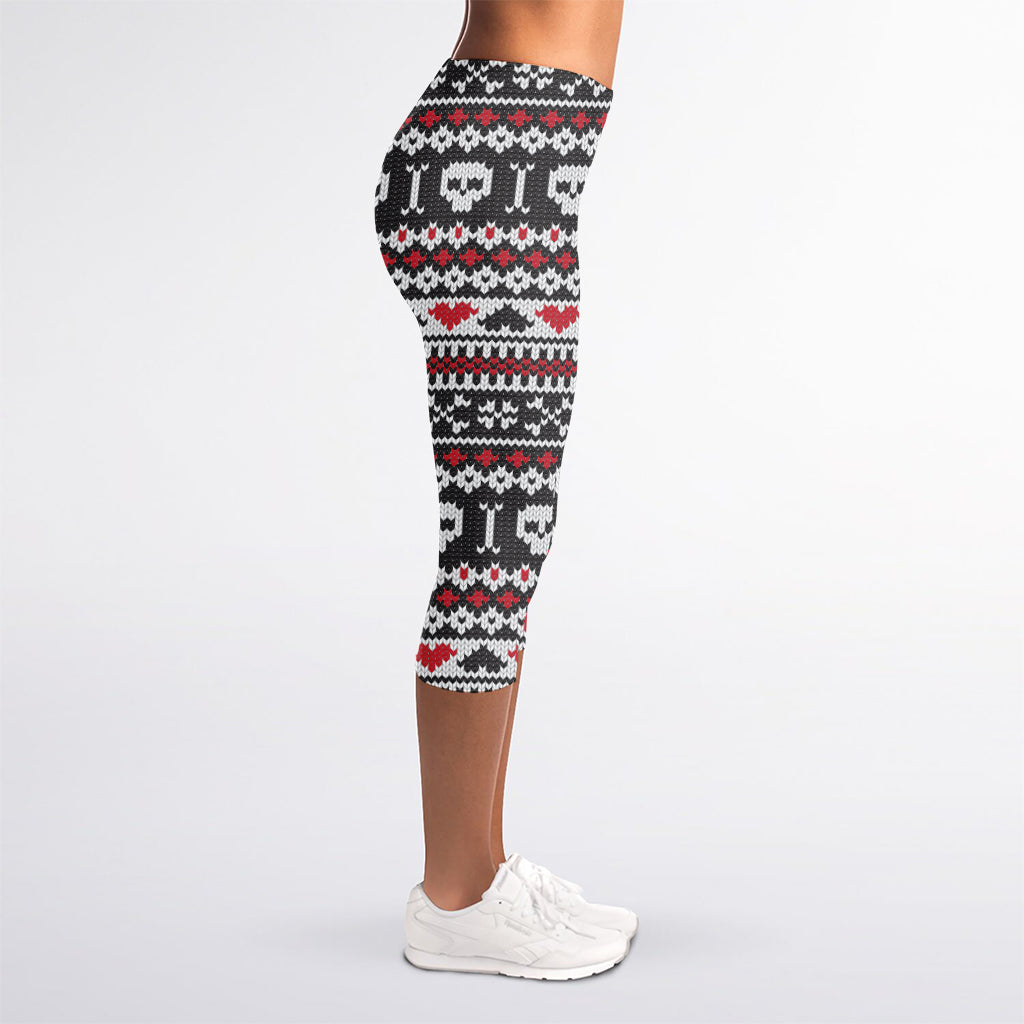 Skull Knitted Pattern Print Women's Capri Leggings