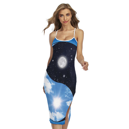 Sky And Space Yin Yang Print Cross Back Cami Dress