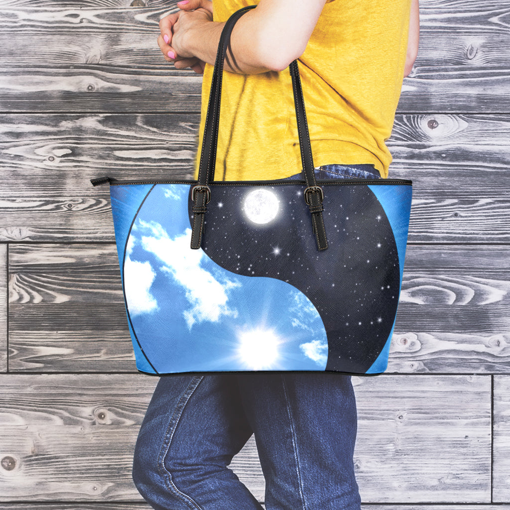 Sky And Space Yin Yang Print Leather Tote Bag