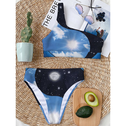 Sky And Space Yin Yang Print One Shoulder Bikini Top