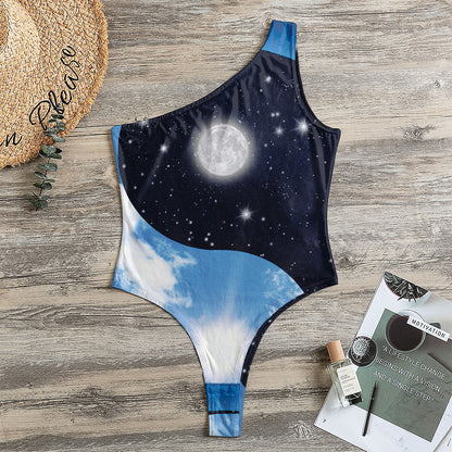 Sky And Space Yin Yang Print One Shoulder Bodysuit