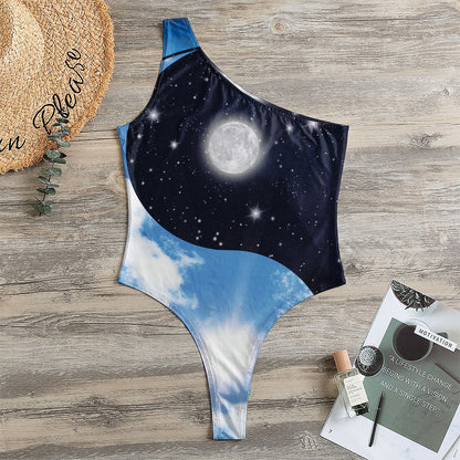 Sky And Space Yin Yang Print One Shoulder Bodysuit