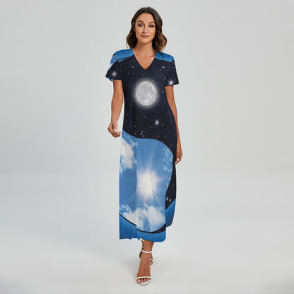 Sky And Space Yin Yang Print Short Sleeve Maxi Dress