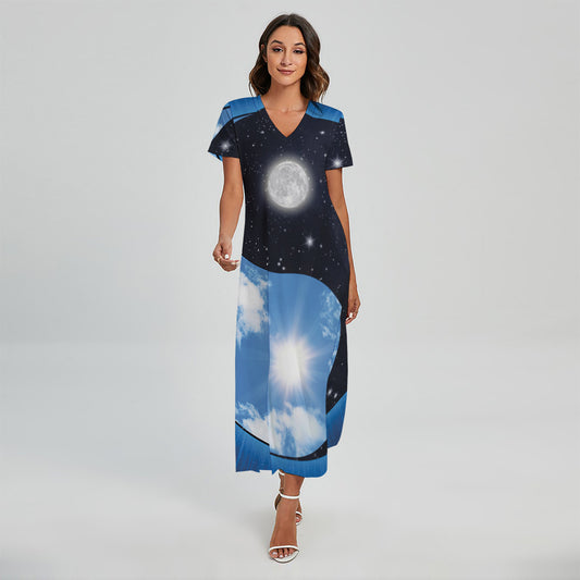 Sky And Space Yin Yang Print Short Sleeve Maxi Dress