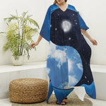 Sky And Space Yin Yang Print Silk V-Neck Kaftan Dress
