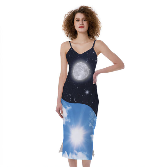 Sky And Space Yin Yang Print Slim Fit Midi Cami Dress