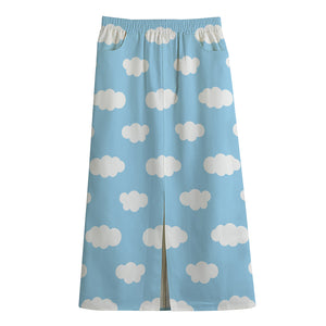 Sky Cloud Pattern Print Cotton Front Slit Maxi Skirt