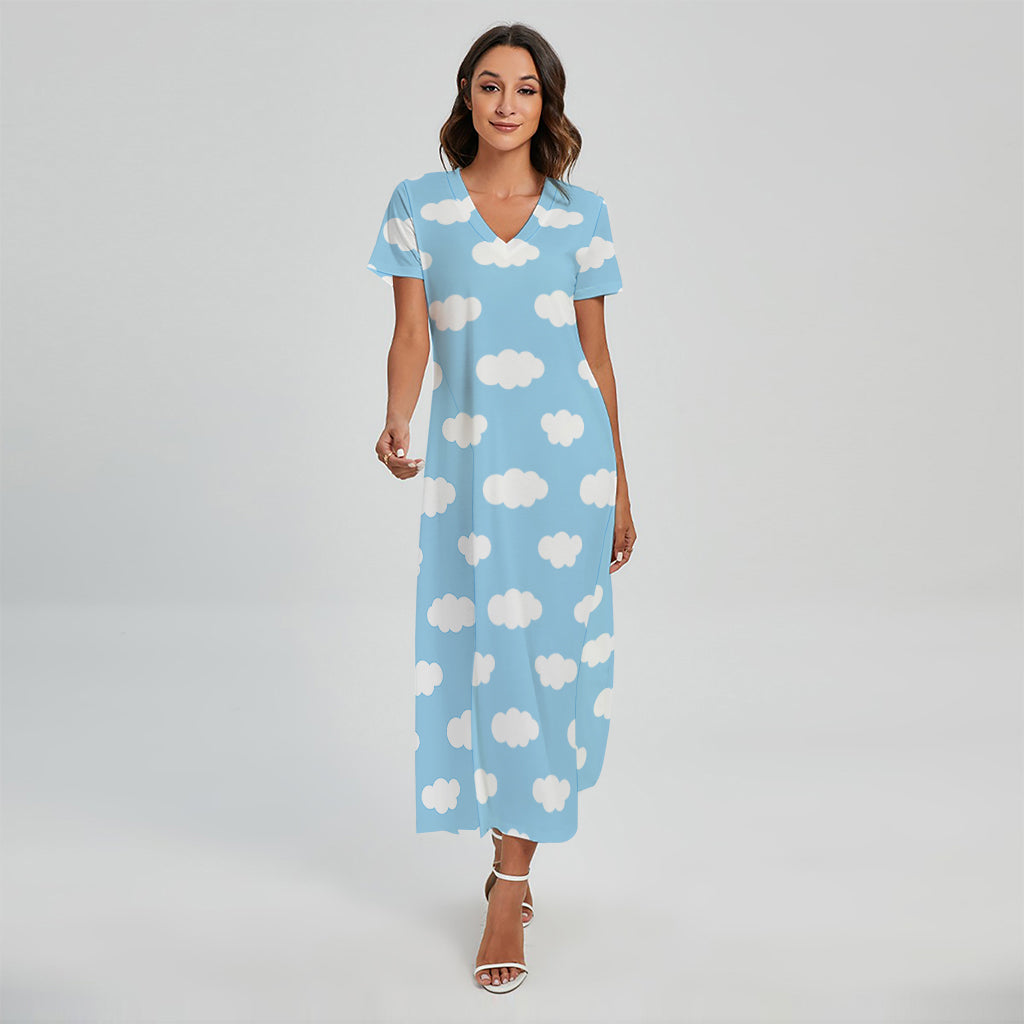 Sky Cloud Pattern Print Short Sleeve Maxi Dress