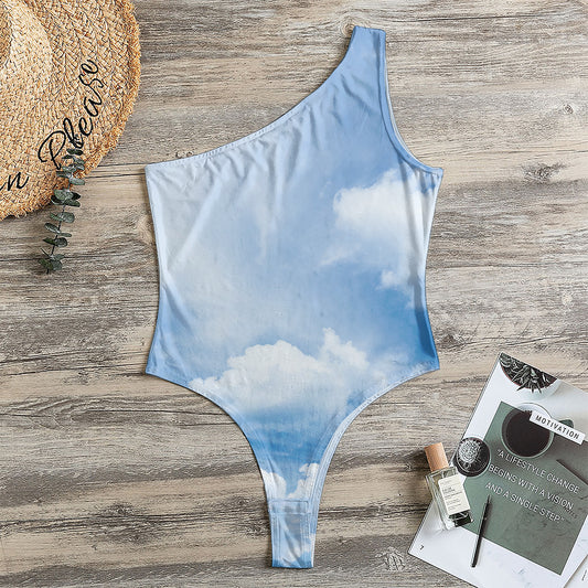 Sky Cloud Print One Shoulder Bodysuit