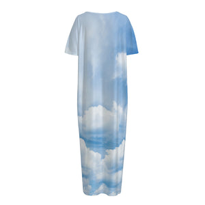 Sky Cloud Print Short Sleeve Long Nightdress