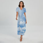 Sky Cloud Print Short Sleeve Maxi Dress