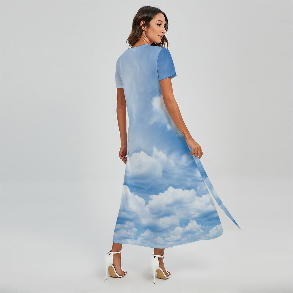 Sky Cloud Print Short Sleeve Maxi Dress