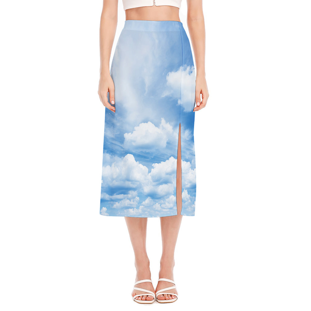 Sky Cloud Print Side Slit Midi Skirt