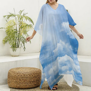 Sky Cloud Print Silk V-Neck Kaftan Dress