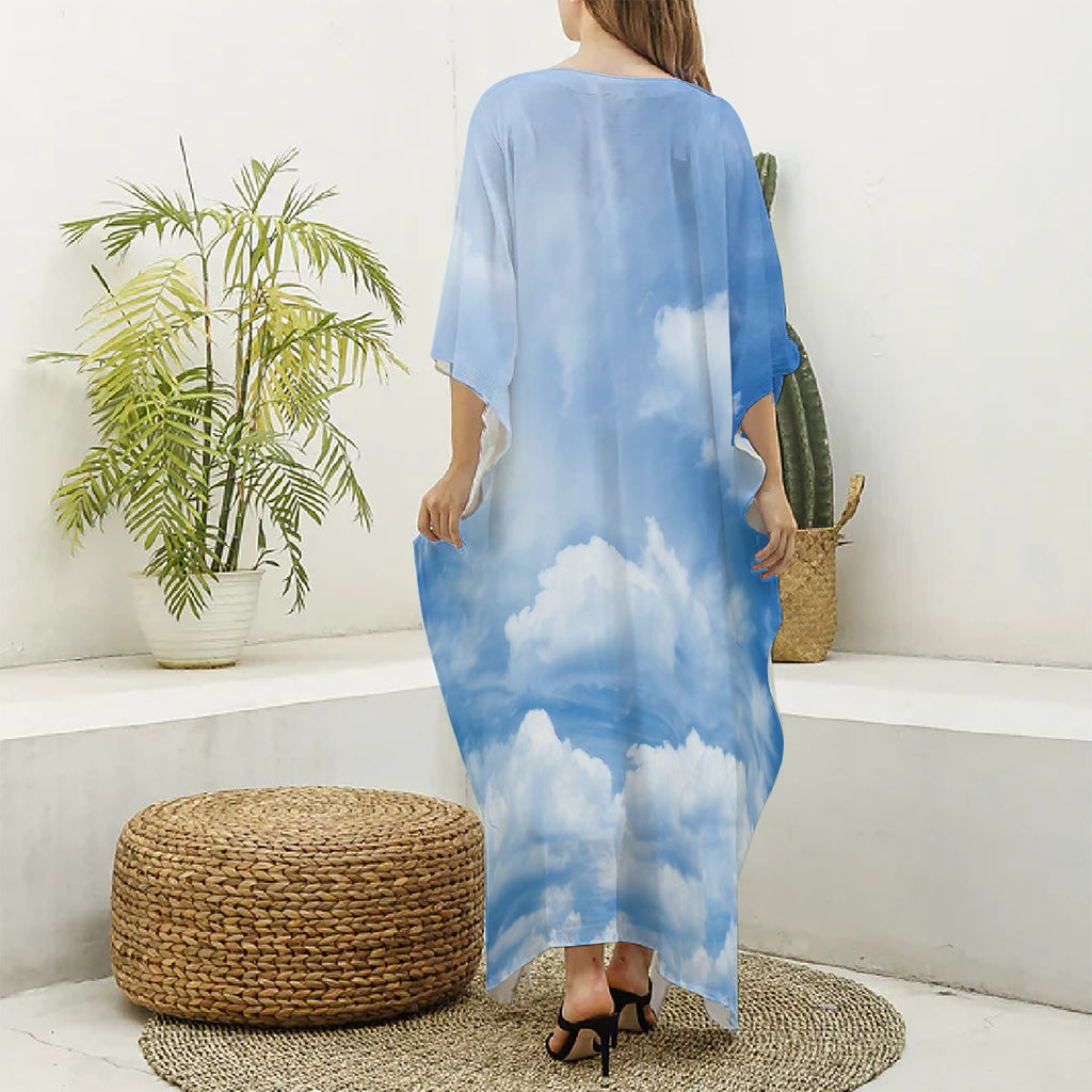 Sky Cloud Print Silk V-Neck Kaftan Dress