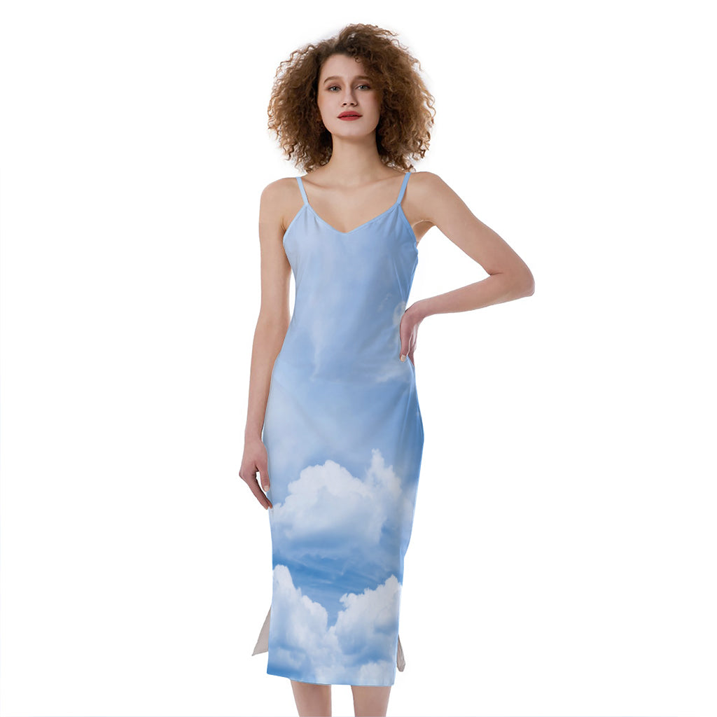 Sky Cloud Print Slim Fit Midi Cami Dress