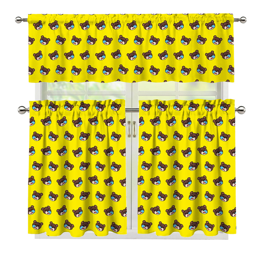 Sleeping Bear Emoji Pattern Print 3 Piece Kitchen Curtains