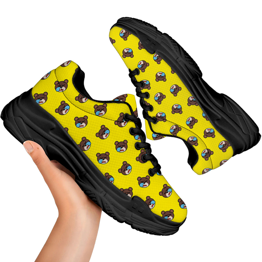 Sleeping Bear Emoji Pattern Print Black Chunky Shoes