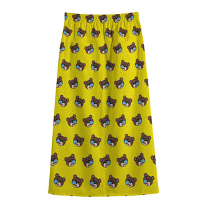 Sleeping Bear Emoji Pattern Print Cotton Front Slit Maxi Skirt