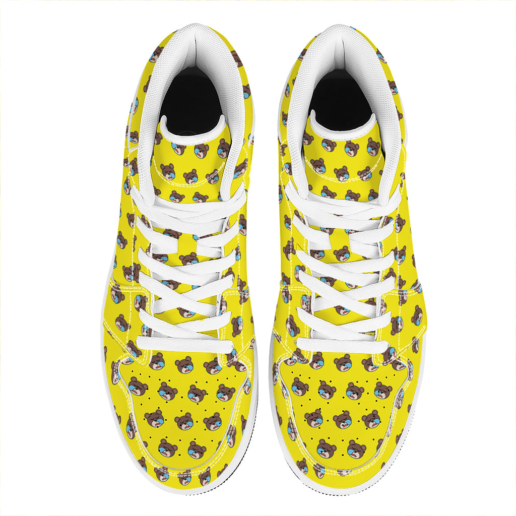 Sleeping Bear Emoji Pattern Print High Top Leather Sneakers