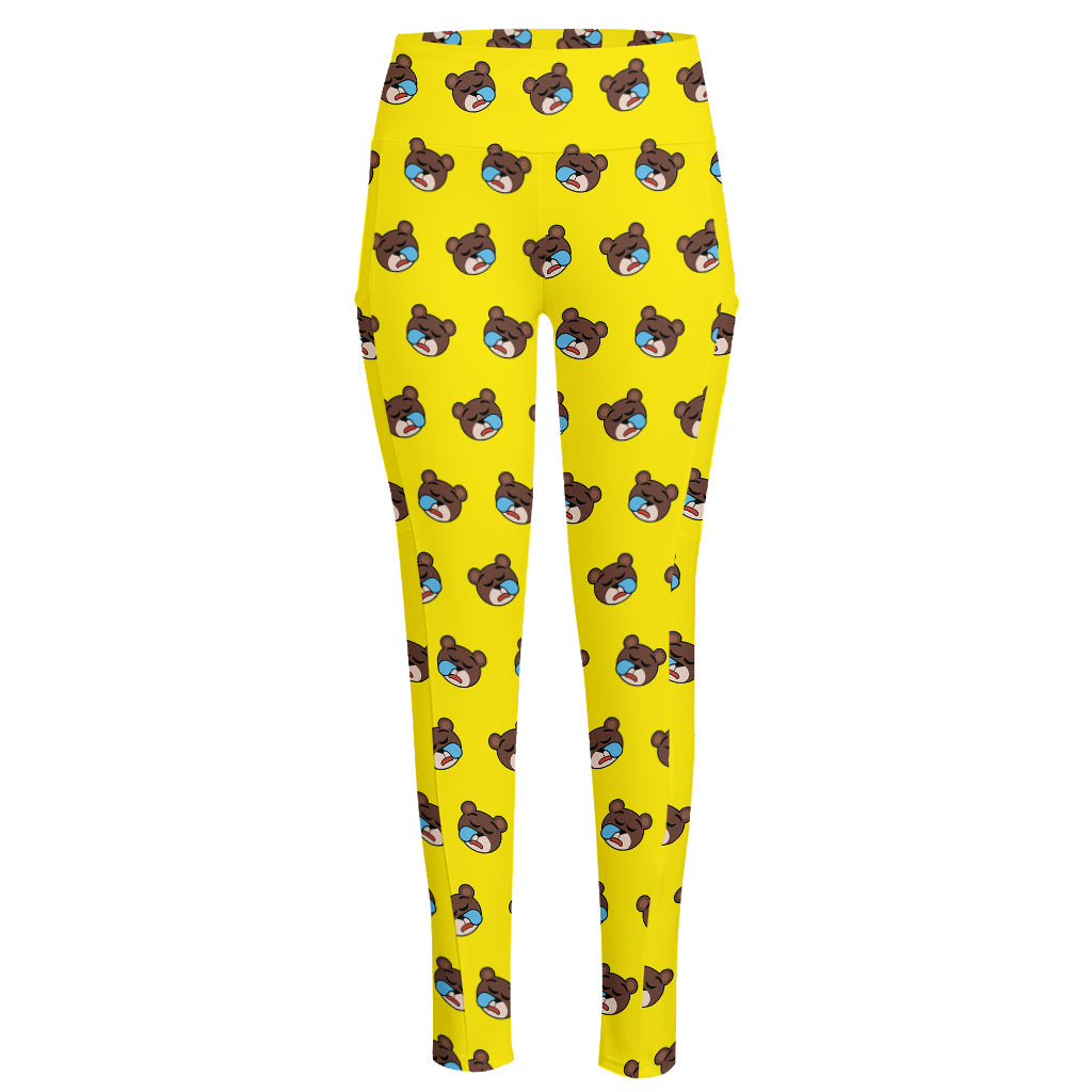 Sleeping Bear Emoji Pattern Print High-Waisted Pocket Leggings