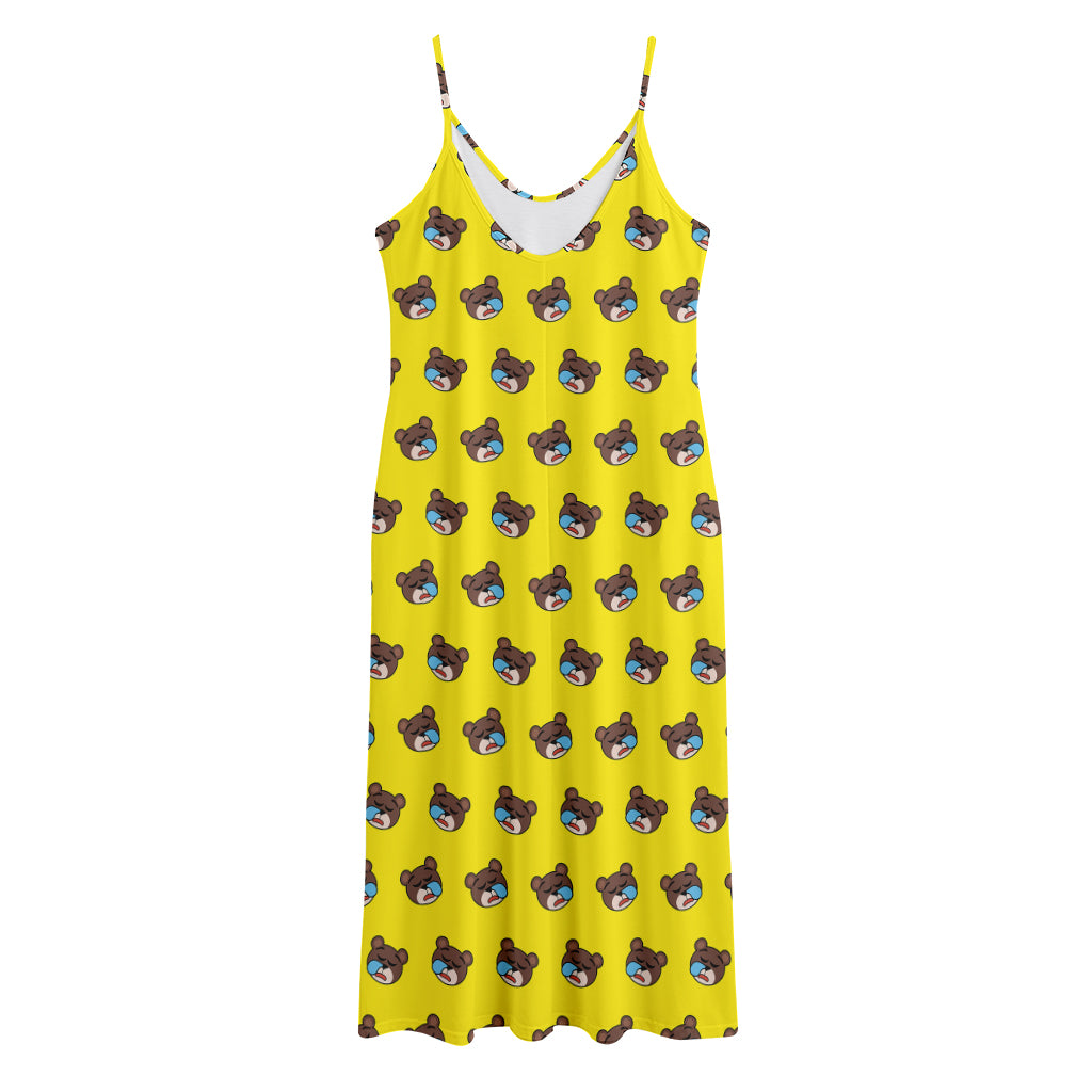 Sleeping Bear Emoji Pattern Print Jersey Midi Cami Dress