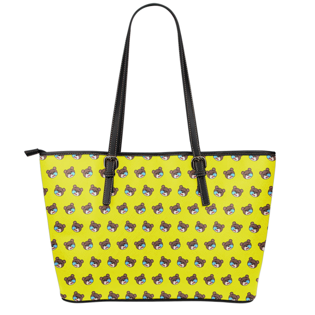 Sleeping Bear Emoji Pattern Print Leather Tote Bag