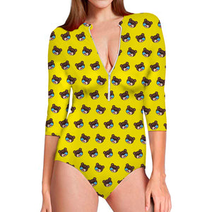 Sleeping Bear Emoji Pattern Print Long Sleeve Swimsuit