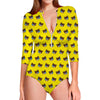 Sleeping Bear Emoji Pattern Print Long Sleeve Swimsuit