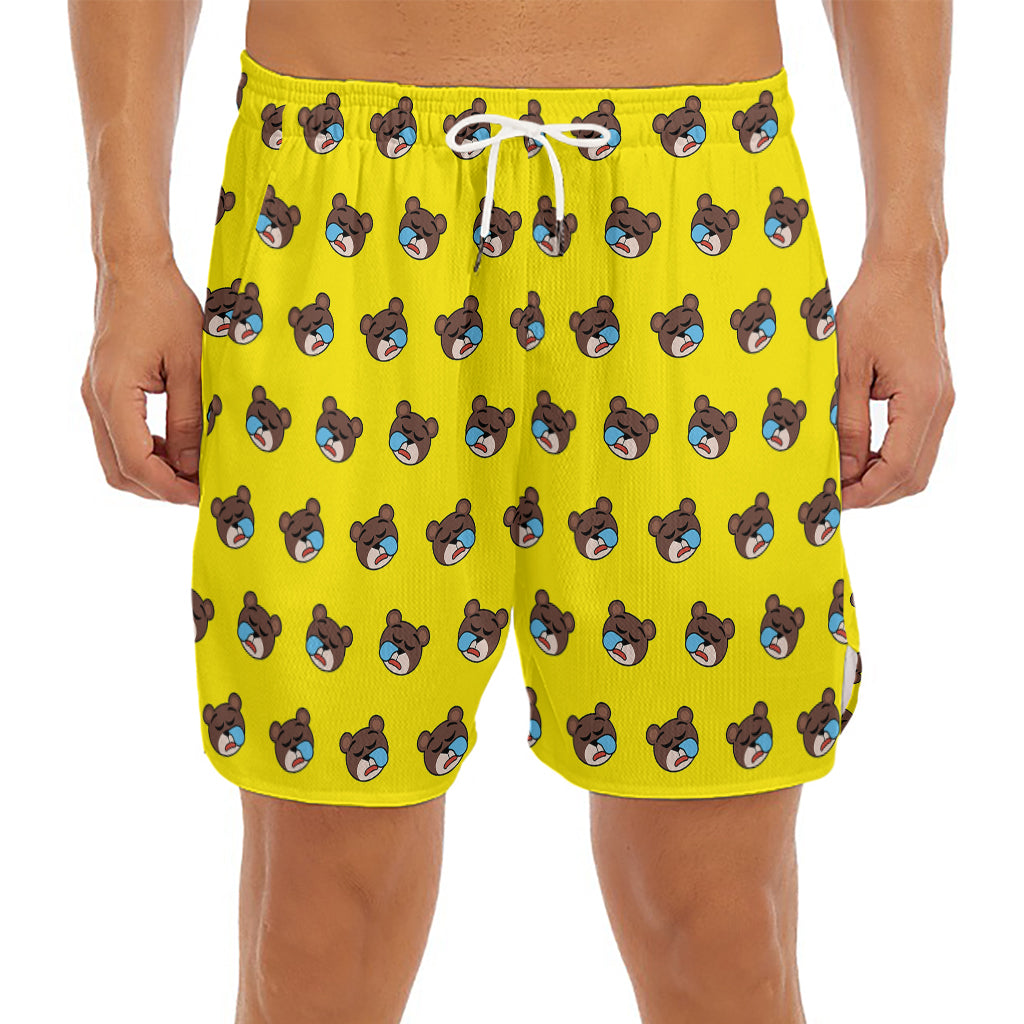 Sleeping Bear Emoji Pattern Print Men's Split Running Shorts